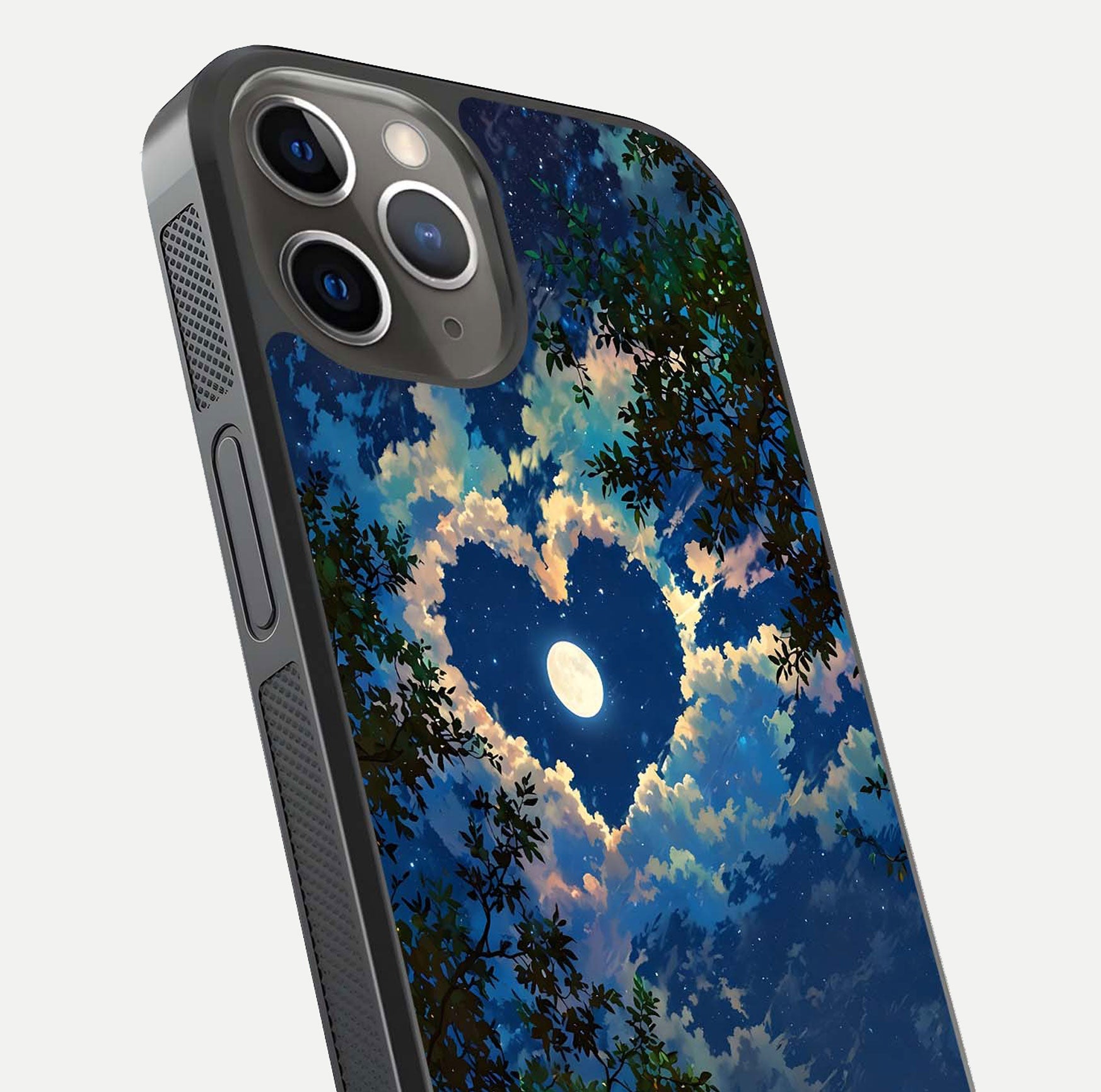 Heart with Moon Sky Glass Case for iPhone 13 Pro close-up angled shot showing lunar reflection and shine detail