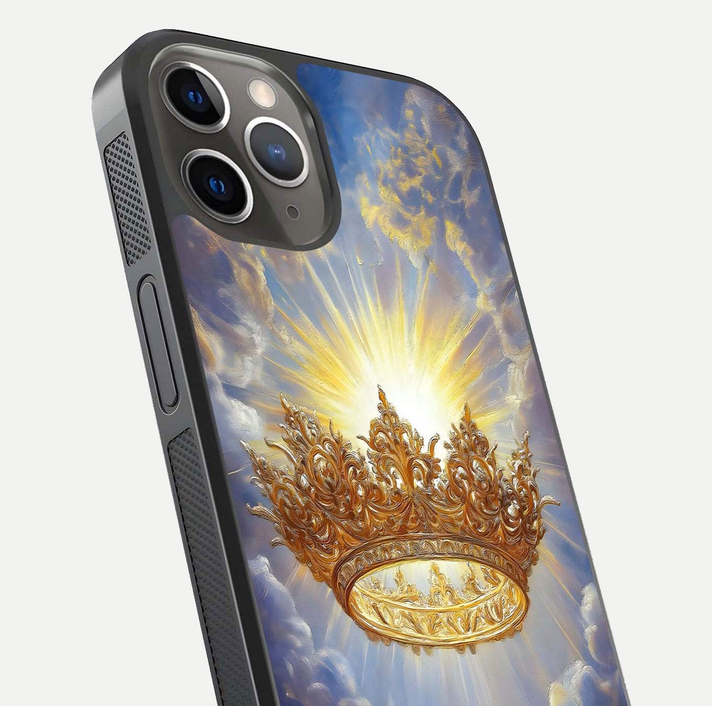 Heavenly Crown Light Glass Case for iPhone 13 Pro close-up angled shot showing glowing halo details and smooth reflection