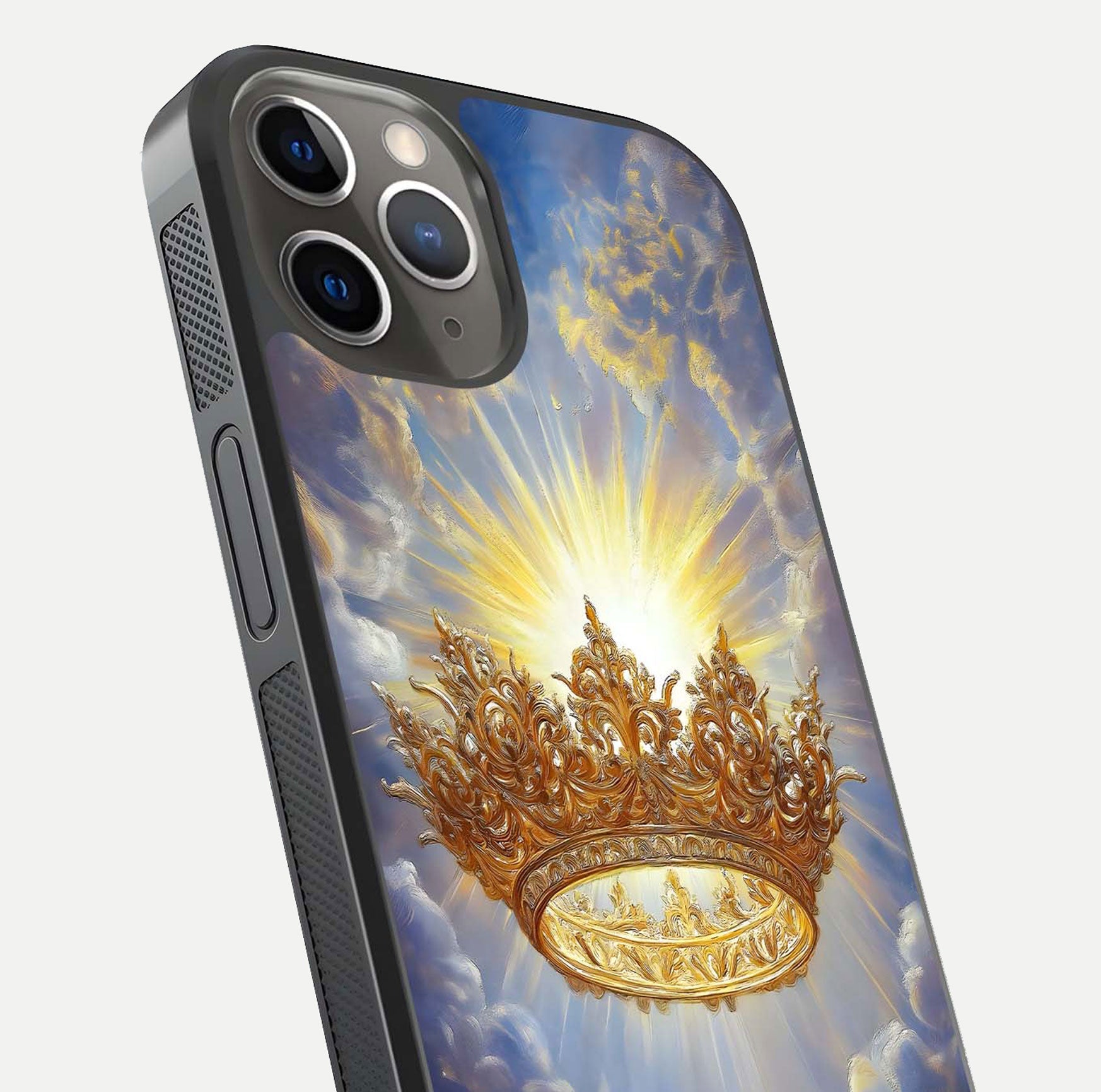 Heavenly Crown Light Glass Case for iPhone 13 Pro close-up angled shot showing glowing halo details and smooth reflection