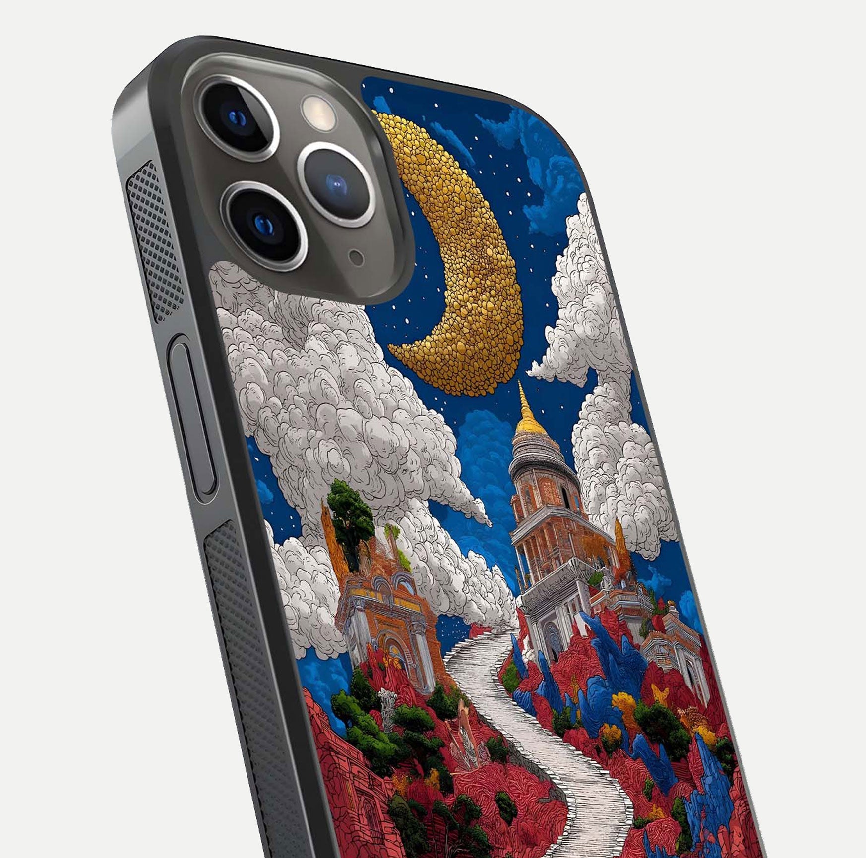 Heavenly Moon Path Glass Case for iPhone 13 Pro close-up angled shot showing moon reflection and shimmer texture