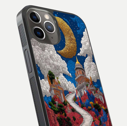 Heavenly Moon Path Glass Case for iPhone 13 Pro close-up angled shot showing moon reflection and shimmer texture