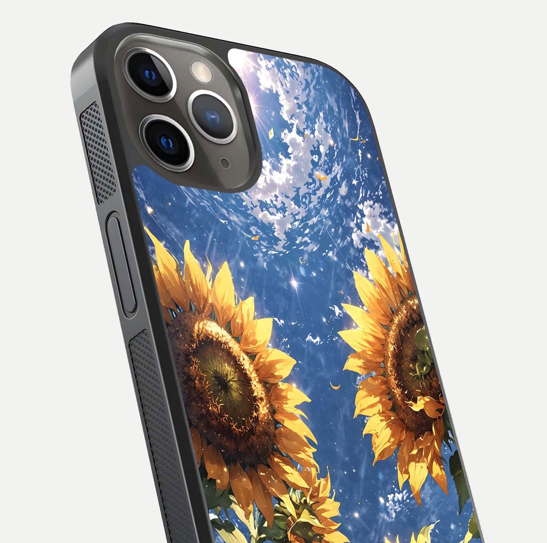 Heavenly Sunflower Rise Glass Case for iPhone 13 Pro close-up angled shot showing sunflower texture and reflection polish