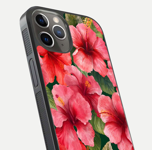 Hibiscus Pattern Glass Case for iPhone 13 Pro close-up angled shot showing flower details and gloss reflection