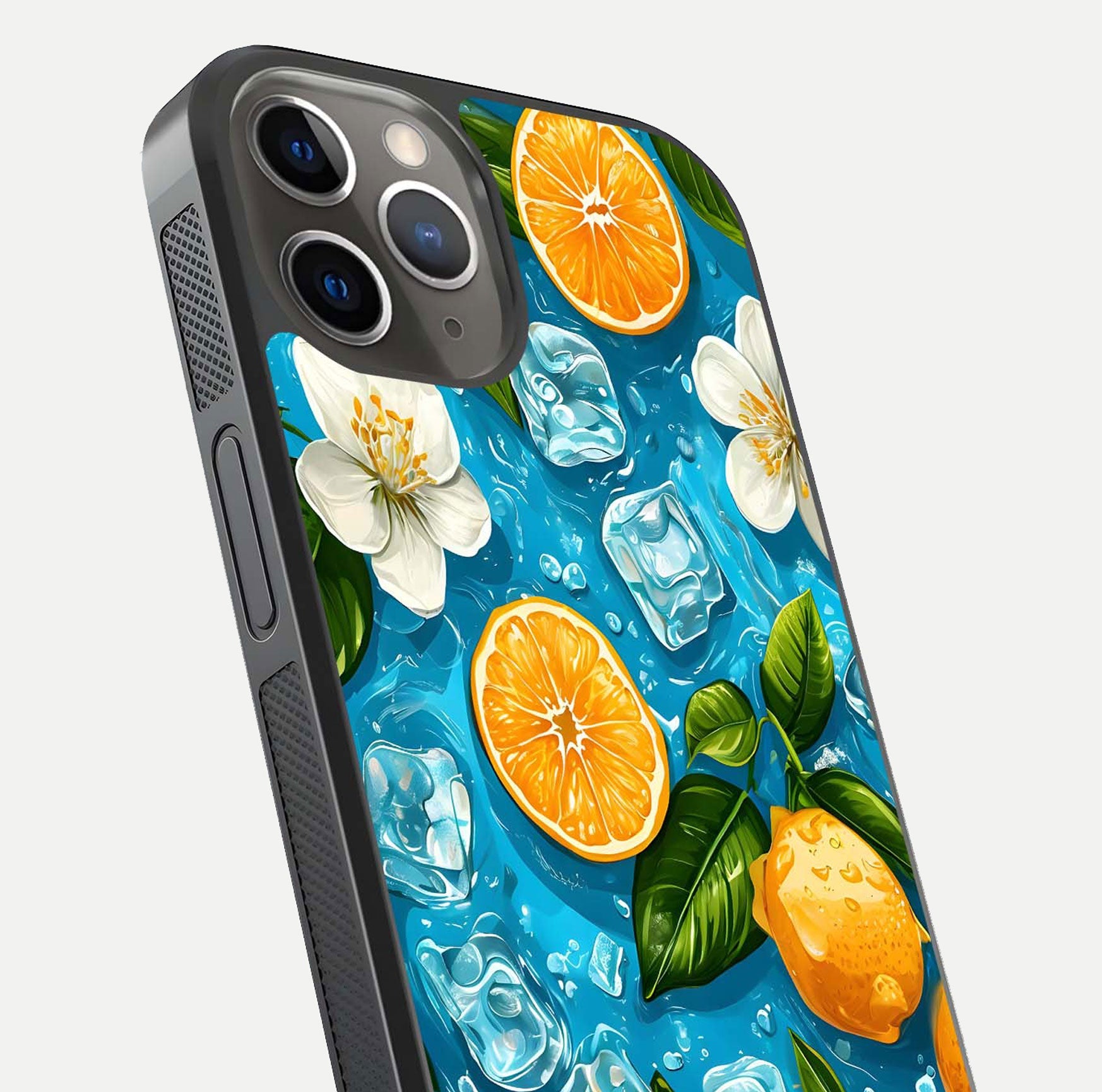 Ice Cube With Orange Glass Case for iPhone 13 Pro close-up angled shot showing orange slices and ice reflections
