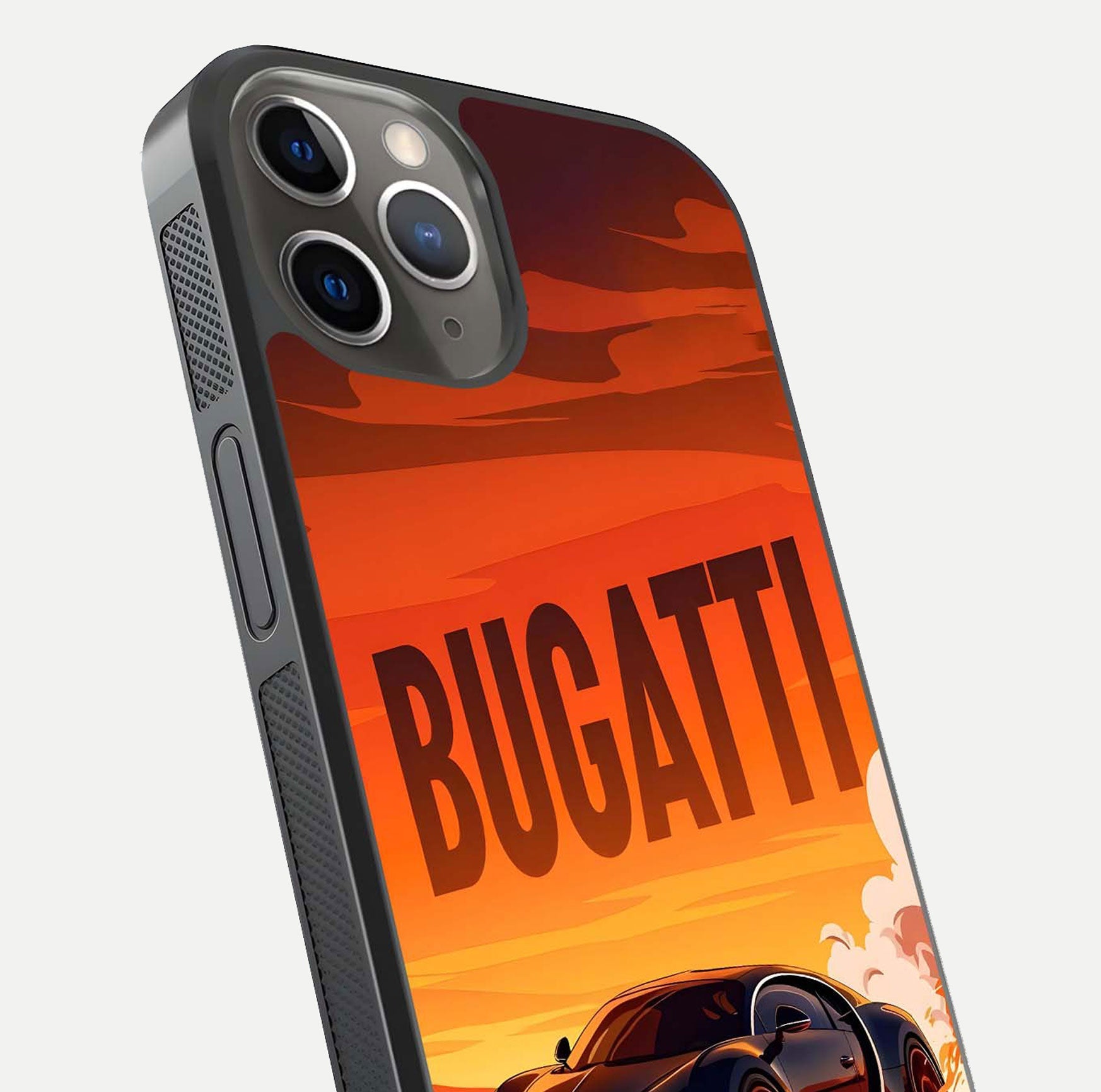 Inferno Bugatti Storm Glass Case for iPhone 13 Pro close-up angled shot showing flame details and reflection shine