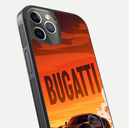 Inferno Bugatti Storm Glass Case for iPhone 13 Pro close-up angled shot showing flame details and reflection shine