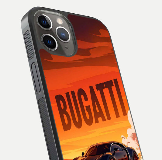 Inferno Bugatti Storm Glass Case for iPhone 13 Pro close-up angled shot showing flame details and reflection shine