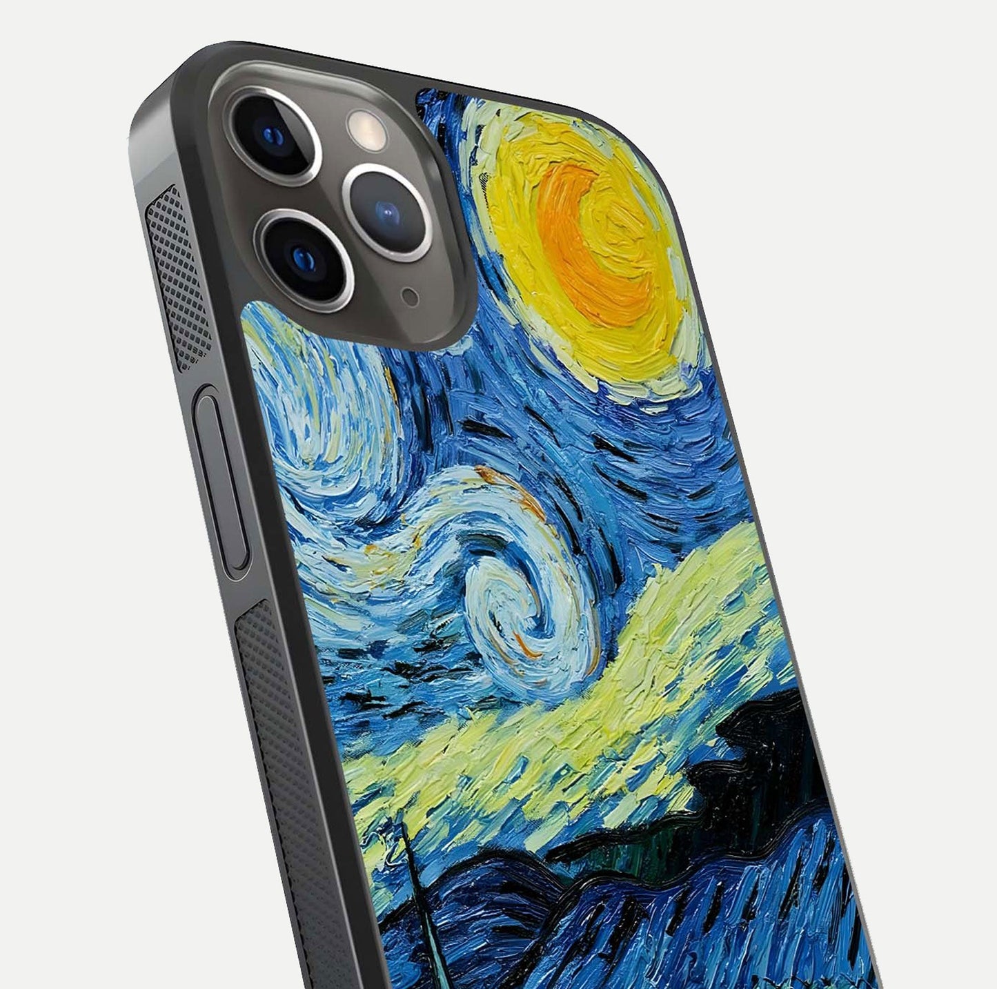Inspired Van Gogh Art Glass Case for iPhone 13 Pro close-up angled shot showing brushstroke texture and shine detail
