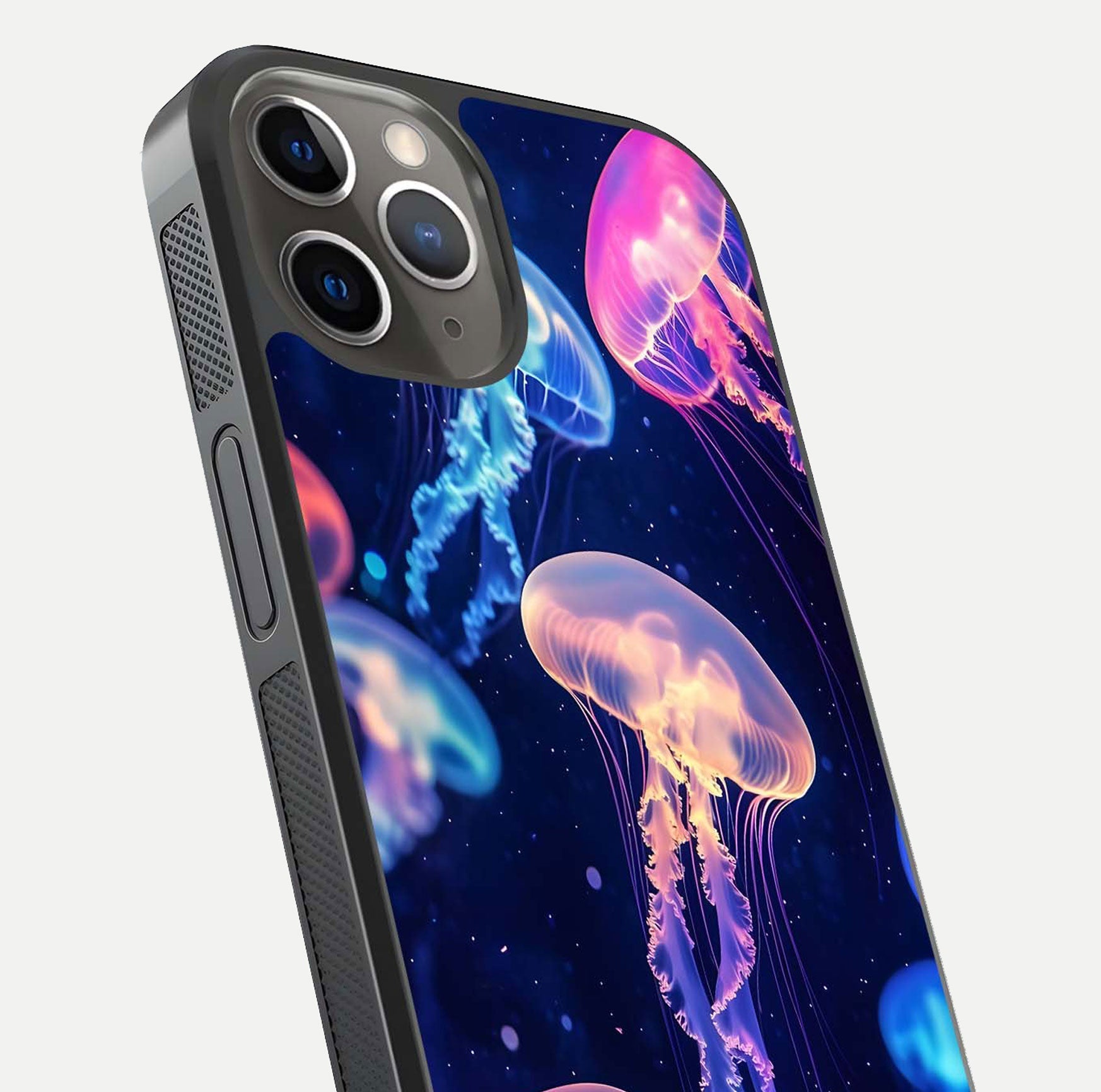 Jellyfish Pattern Glass Case for iPhone 13 Pro close-up angled shot showing translucent tentacles and light reflection