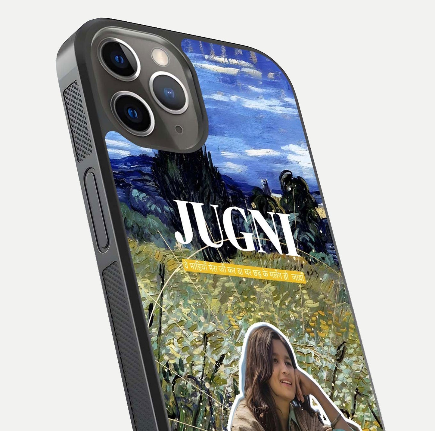 Jugni Soul Vibes Glass Case for iPhone 13 Pro close-up angled shot showing typography detail and vibrant gloss reflection