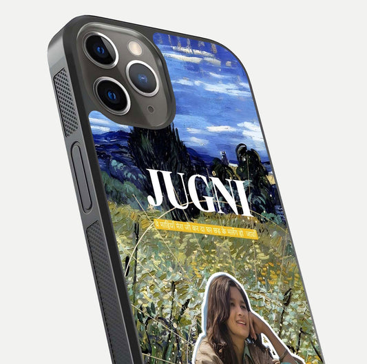 Jugni Soul Vibes Glass Case for iPhone 13 Pro close-up angled shot showing typography detail and vibrant gloss reflection