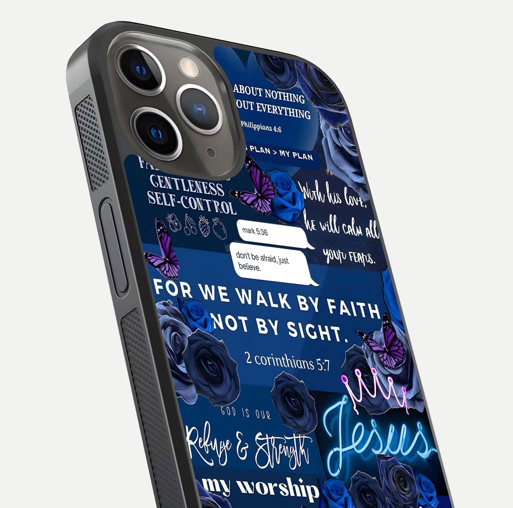 Kingdom Faith Glow Glass Case for iPhone 13 Pro close-up angled shot showing luminous text and divine reflection