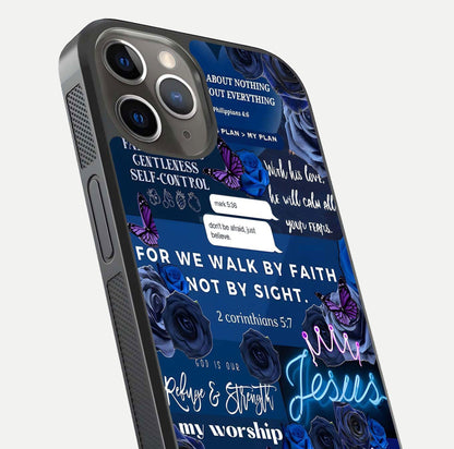 Kingdom Faith Glow Glass Case for iPhone 13 Pro close-up angled shot showing luminous text and divine reflection