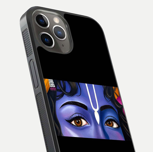 Krishna Eye Glass Case for iPhone 13 Pro close-up angled shot showing intricate artwork and reflection shine