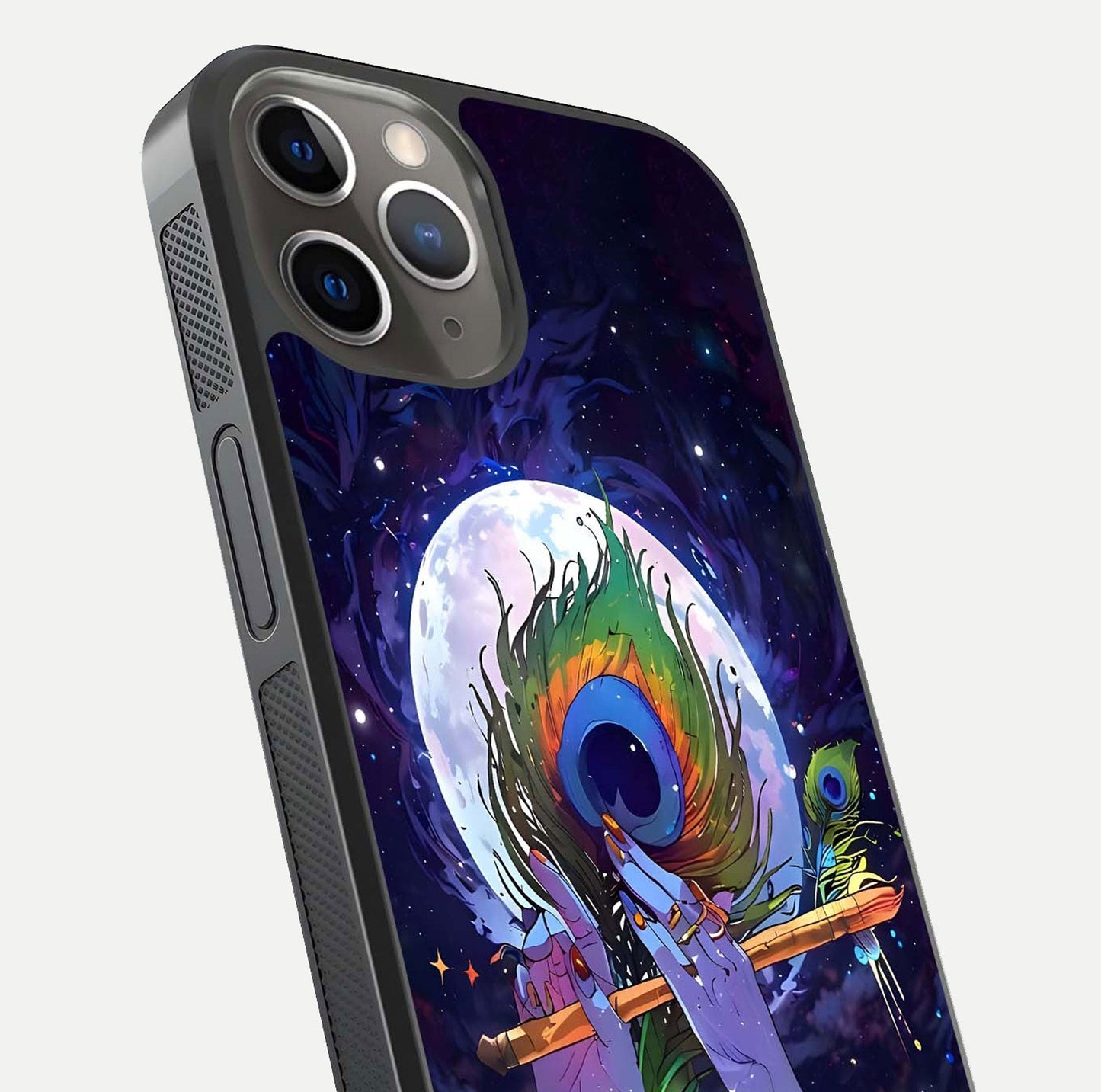 Krishna Hands Art Glass Case for iPhone 13 Pro close-up angled shot showing detailed hand design and shine