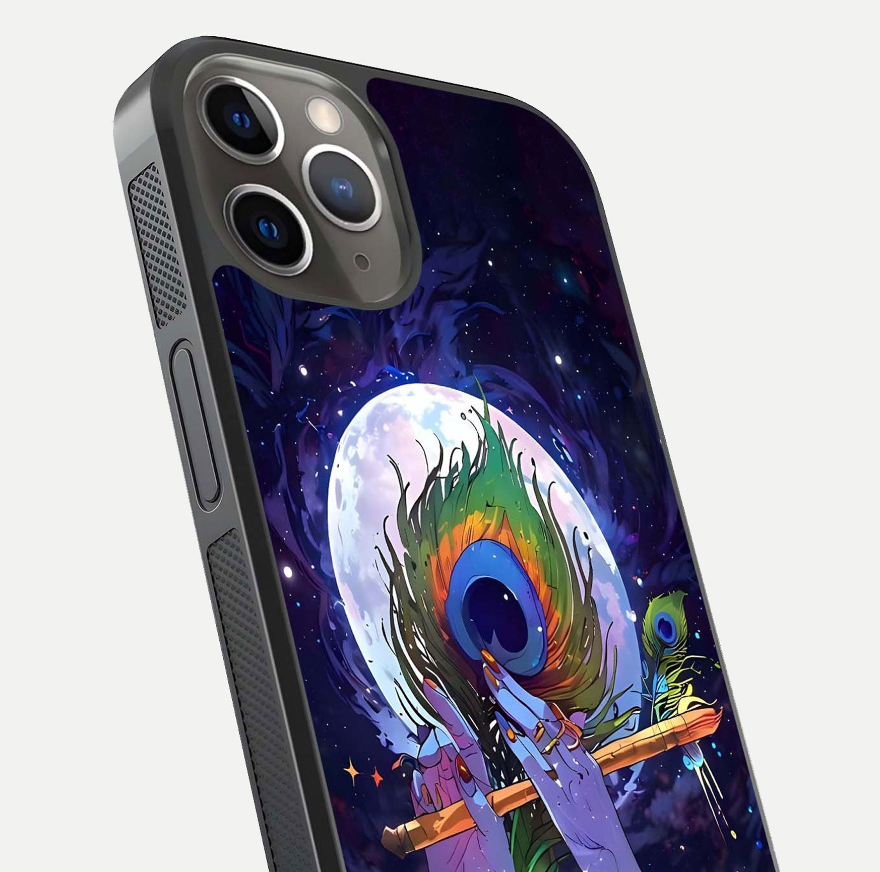Krishna Hands Art Glass Case for iPhone 13 Pro close-up angled shot showing detailed hand design and shine