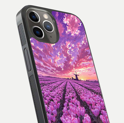 Lavender Dream Skies Glass Case for iPhone 13 Pro close-up angled shot showing purple hues and soft reflection