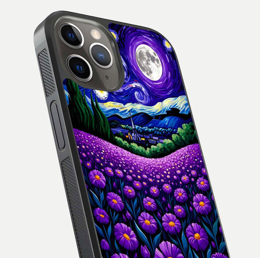 Lavender Moon Field Glass Case for iPhone 13 Pro close-up angled shot showing moon glow and purple detailing
