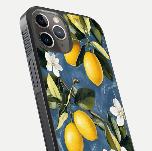 Lemon Dream Garden Glass Case for iPhone 13 Pro close-up angled shot showing fruit details and shine reflection
