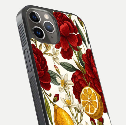 Lemon Rose Charm Glass Case for iPhone 13 Pro angled close-up showing vivid rose details and HD glass reflection