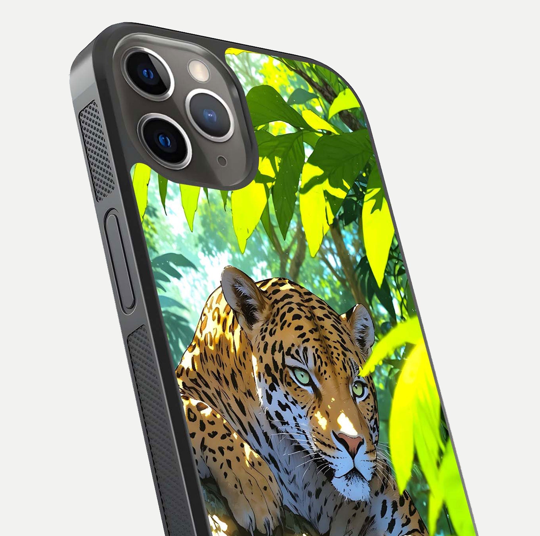 Leopard in Jungle Glass Case for iPhone 13 Pro angled close-up showing fur texture and glossy shine reflection