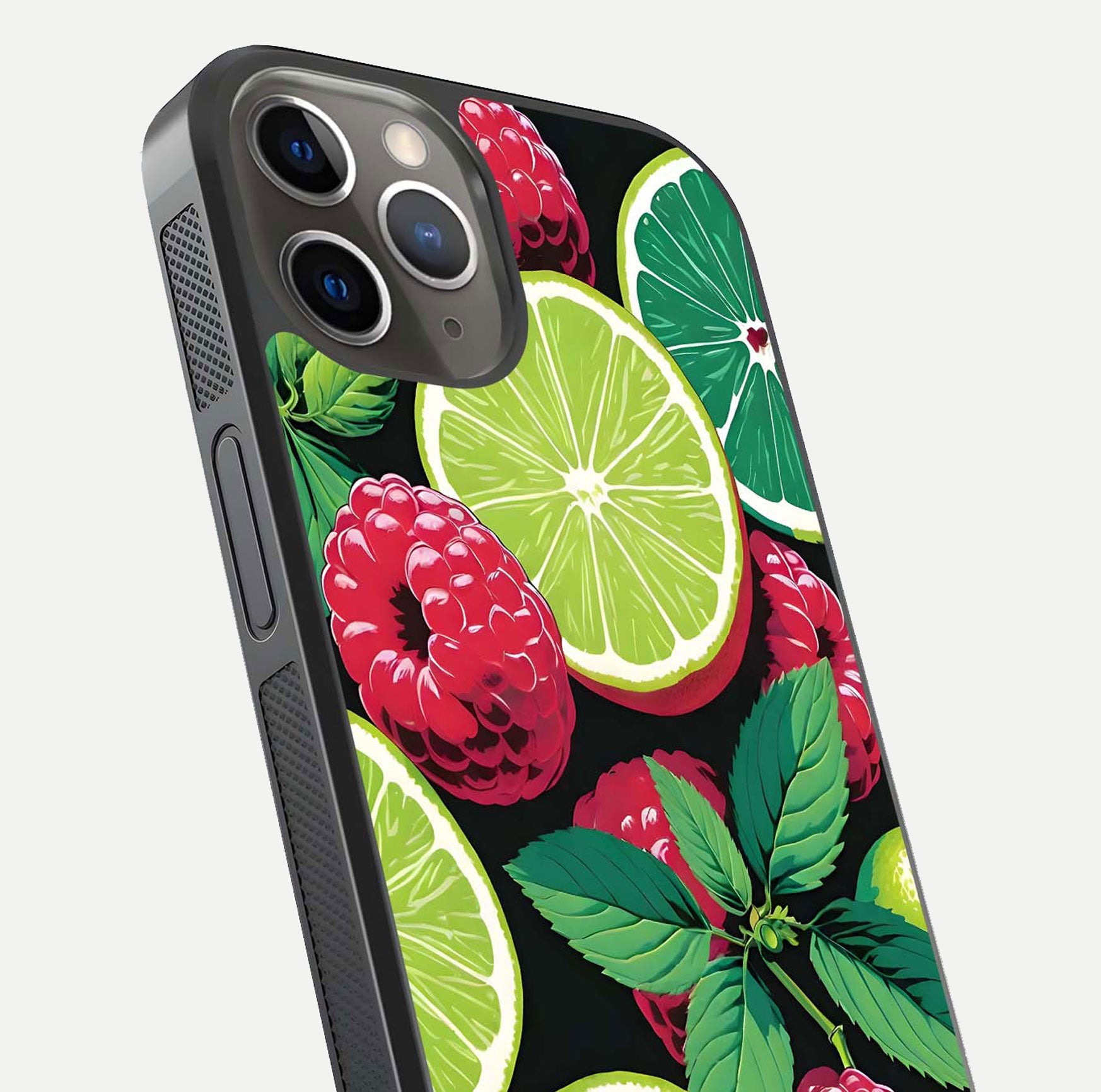 Lime and Raspberry Pattern Glass Case for iPhone 13 Pro angled close-up showing fruit texture and reflection glow