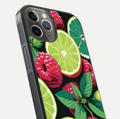 Lime and Raspberry Pattern Glass Case for iPhone 13 Pro angled close-up showing fruit texture and reflection glow