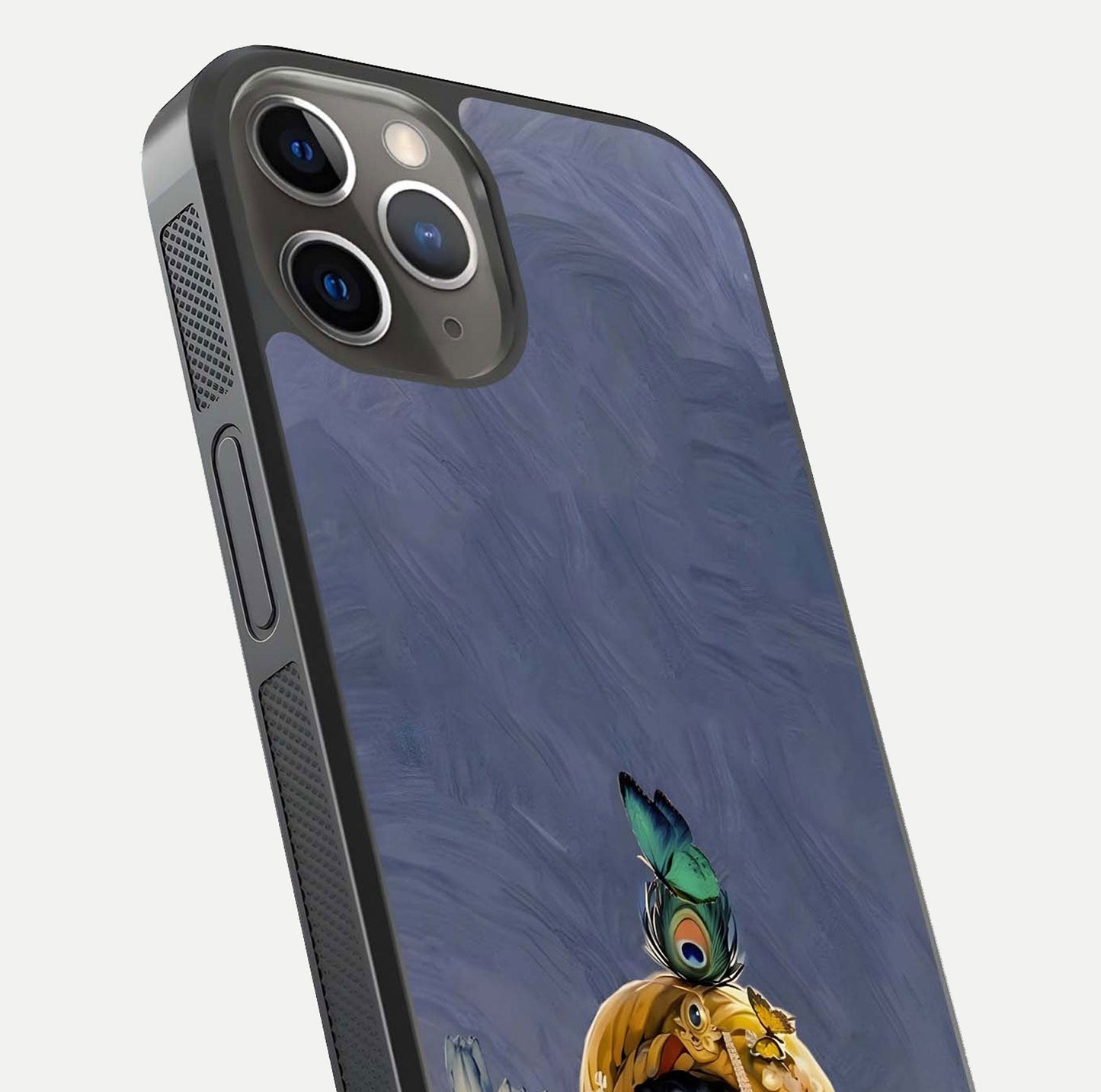 Lord Krishna Glass Case for iPhone 13 Pro angled close-up showing intricate flute and reflection details