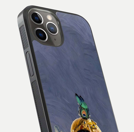 Lord Krishna Glass Case for iPhone 13 Pro angled close-up showing intricate flute and reflection details
