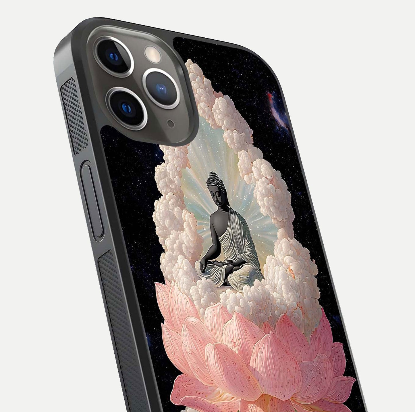 Lotus Divine Peace Glass Case for iPhone 13 Pro angled close-up showing delicate petals and gloss reflection