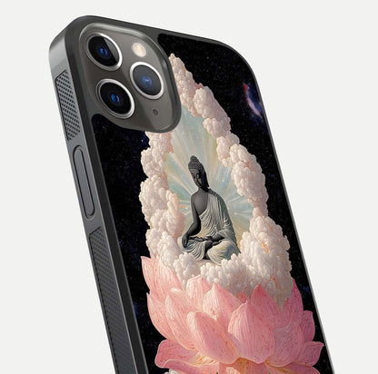 Lotus Divine Peace Glass Case for iPhone 13 Pro angled close-up showing delicate petals and gloss reflection