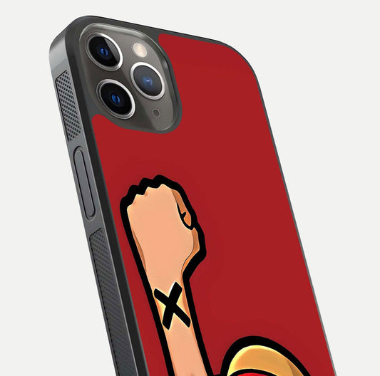 Luffy X Spirit Glass Case for iPhone 13 Pro close-up angled shot showing character detailing and gloss texture
