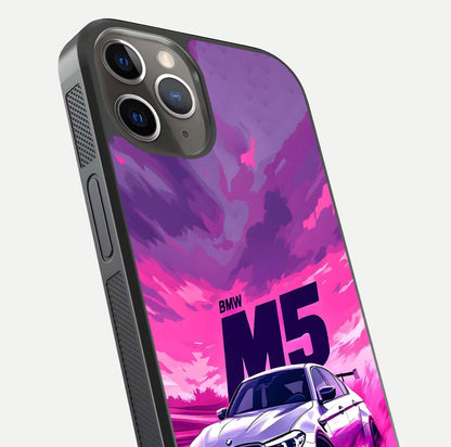 MS Neon Car Glass Case for iPhone 13 Pro close-up angled shot showing vivid neon reflections and shine