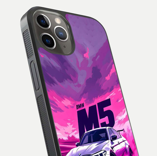 MS Neon Car Glass Case for iPhone 13 Pro close-up angled shot showing vivid neon reflections and shine
