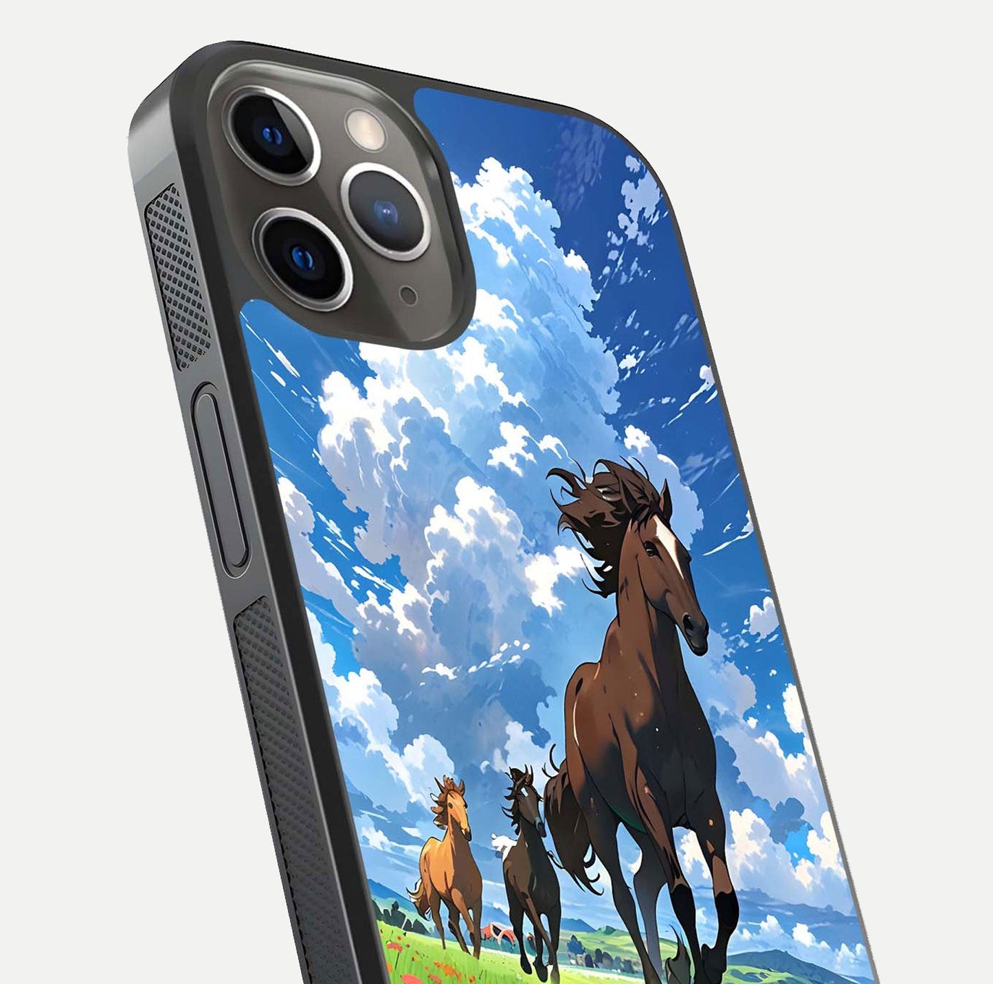 Majestic Horses Galloping Glass Case for iPhone 13 Pro close-up angled shot showing horse motion and reflection