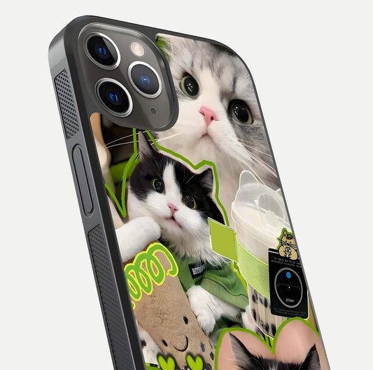 Matcha Cats Mood Glass Case for iPhone 13 Pro close-up angled shot showing adorable cat art and reflection detail