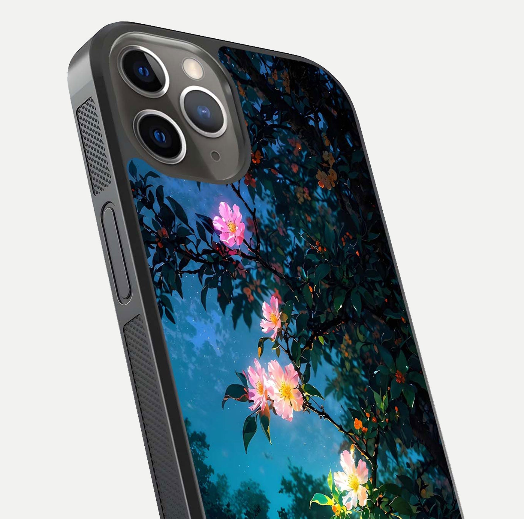 Midnight Bloom Glow Glass Case for iPhone 13 Pro close-up angled shot showing petal highlights and glow reflection