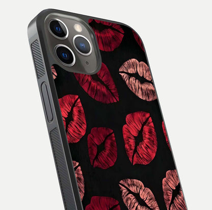 Midnight Kiss Love Glass Case for iPhone 13 Pro close-up angle highlighting red accents and reflection shine