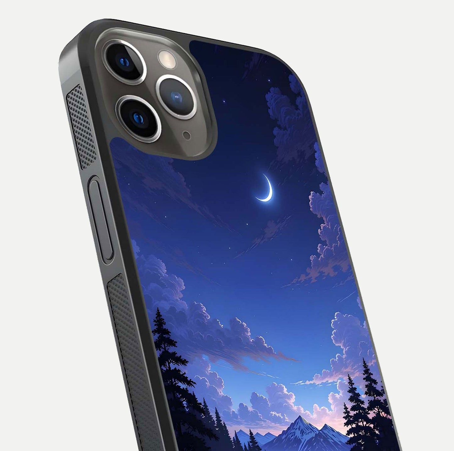 Midnight Lake Peace Glass Case for iPhone 13 Pro close-up angled shot showing blue night tones and reflection