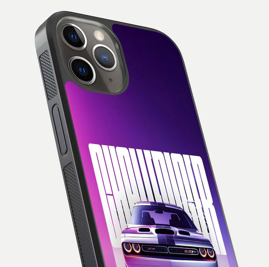 Midnight Muscle Ride Glass Case for iPhone 13 Pro close-up angled shot showing HD reflections and car details