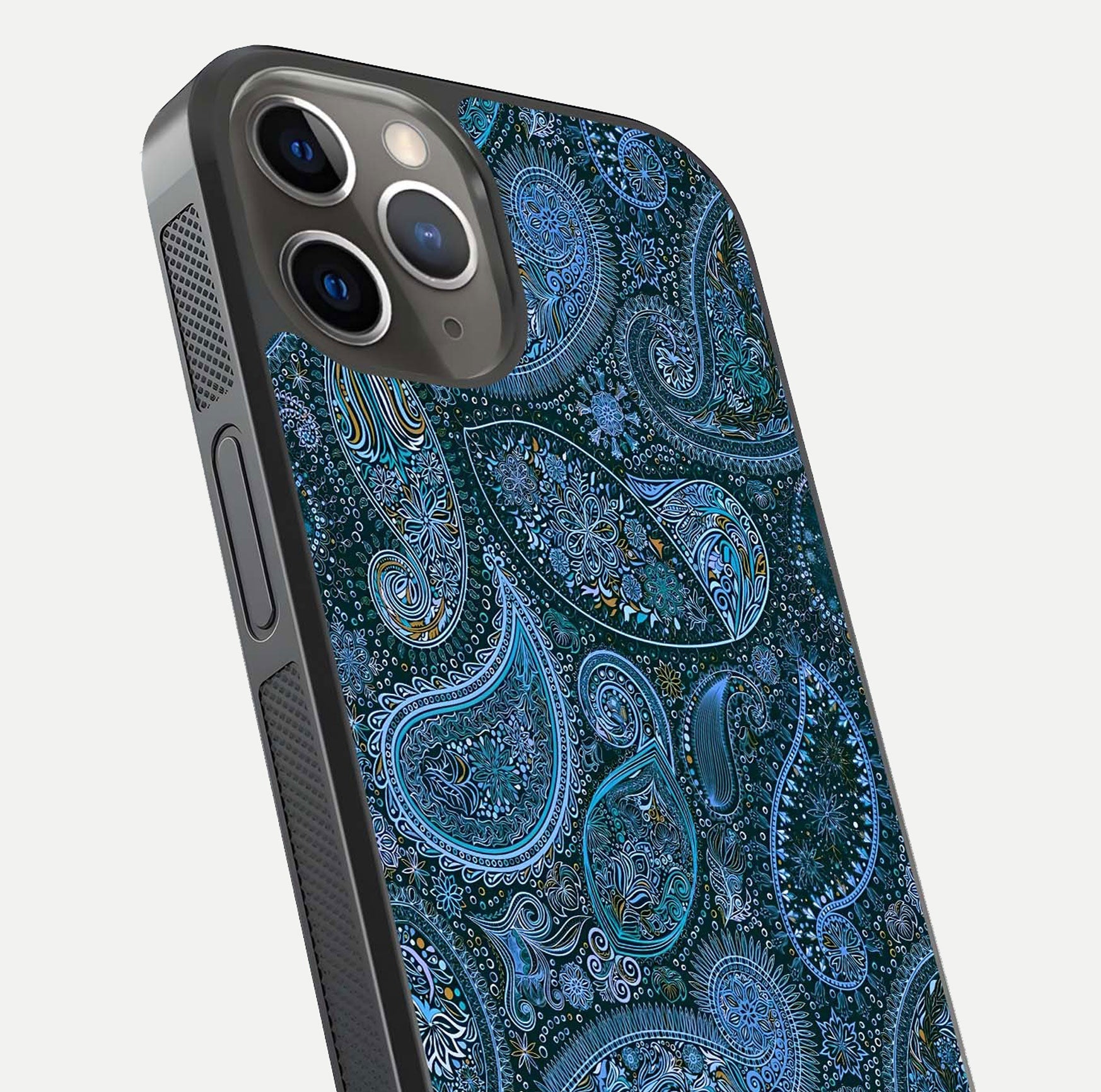 Midnight Paisley Glow Glass Case for iPhone 13 Pro close-up angled shot showing floral details and gloss texture