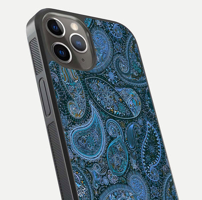 Midnight Paisley Glow Glass Case for iPhone 13 Pro close-up angled shot showing floral details and gloss texture