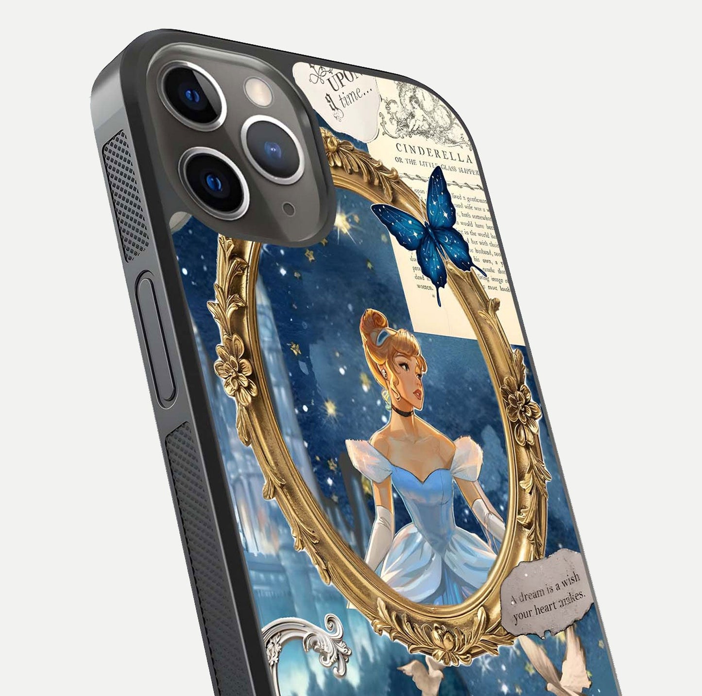 Midnight Queen Glass Case for iPhone 13 Pro close-up angled shot featuring crown motif and gloss reflection