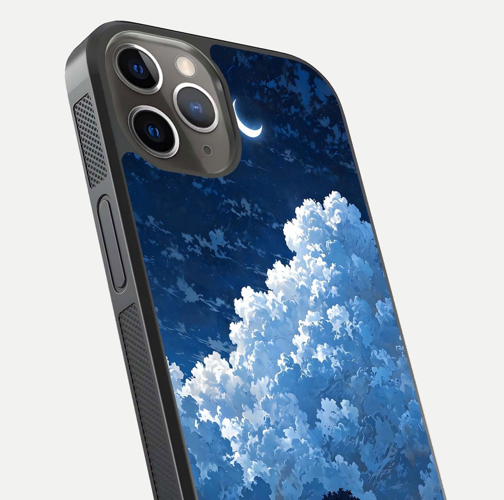 Midnight Sky Serenity Glass Case for iPhone 13 Pro close-up angled shot showing starlit tones and reflection