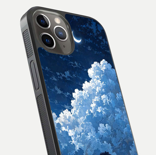 Midnight Sky Serenity Glass Case for iPhone 13 Pro close-up angled shot showing starlit tones and reflection