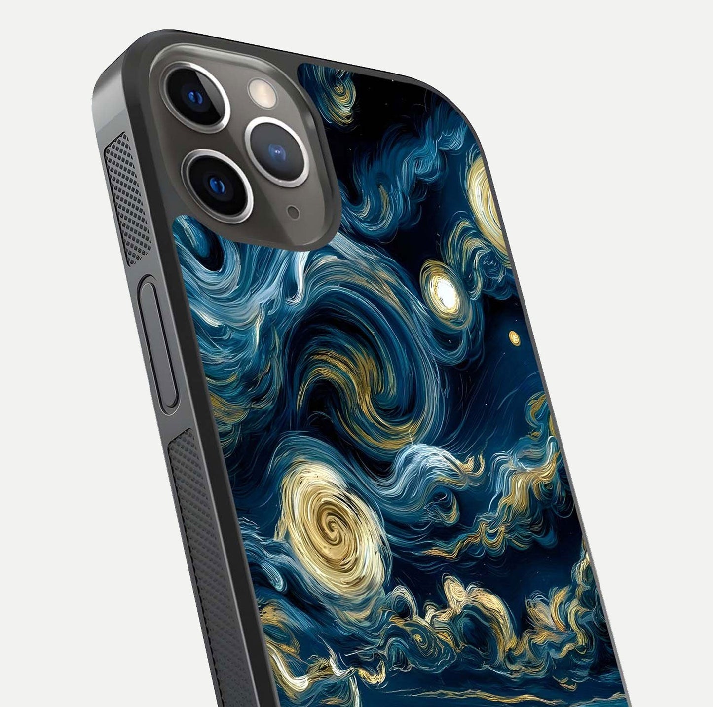 Midnight Sky Whirl Glass Case for iPhone 13 Pro close-up angle showing spiral design and HD gloss reflection