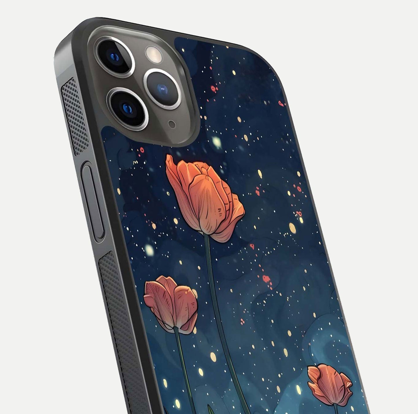 Midnight Tulip Glow Glass Case for iPhone 13 Pro close-up angled shot showing petal details and reflection glow