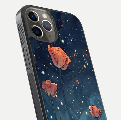 Midnight Tulip Glow Glass Case for iPhone 13 Pro close-up angled shot showing petal details and reflection glow