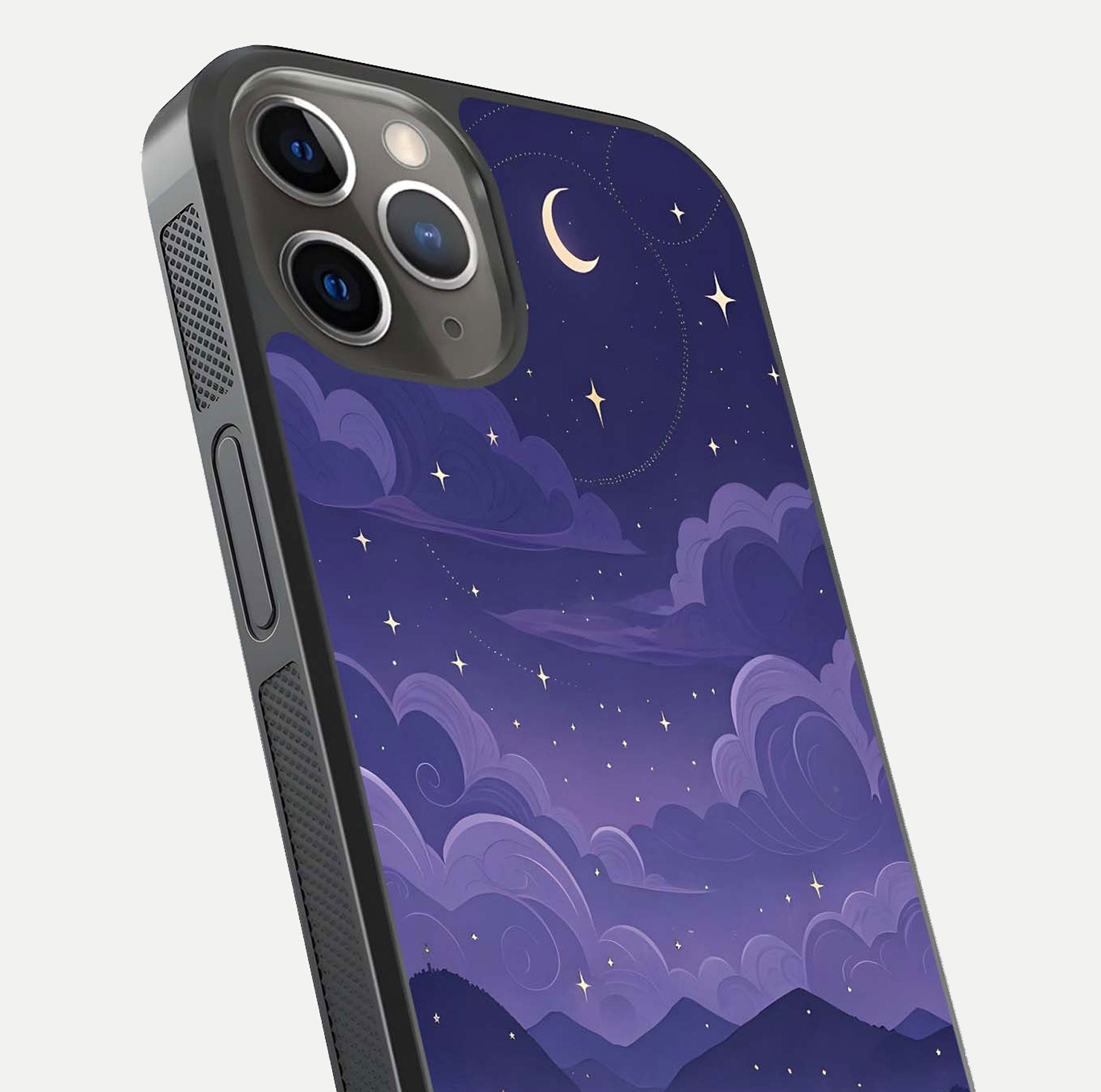 Minimal Night View Glass Case for iPhone 13 Pro close-up angled shot showing lights reflection and dark tone details
