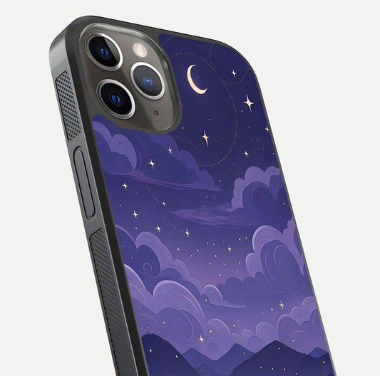 Minimal Night View Glass Case for iPhone 13 Pro close-up angled shot showing lights reflection and dark tone details